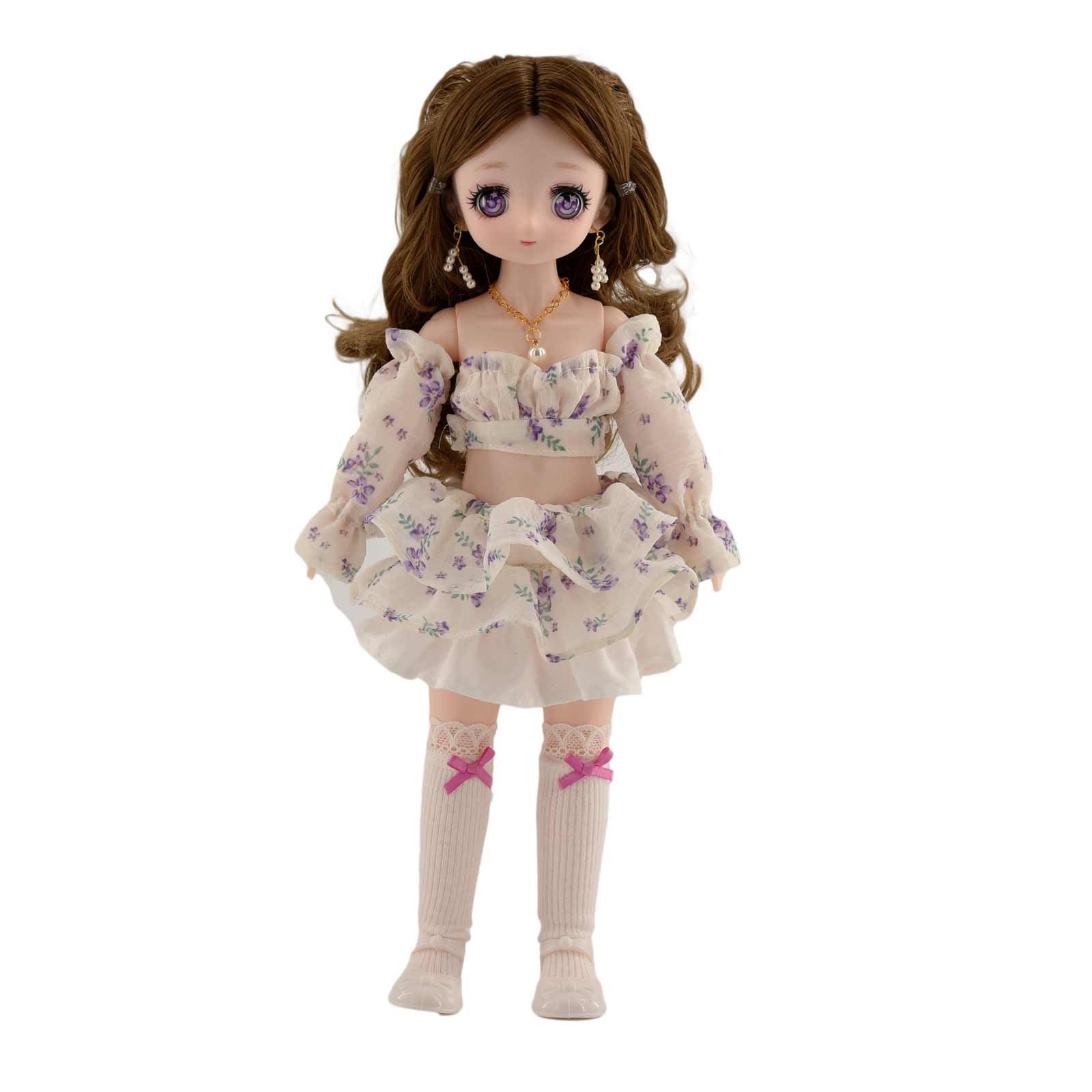 ONRRI 1/6 Scale Anime Doll, with Handmade Purple Floral Skirt, Jointed Body, Shoes, Stand (ZYDM032)