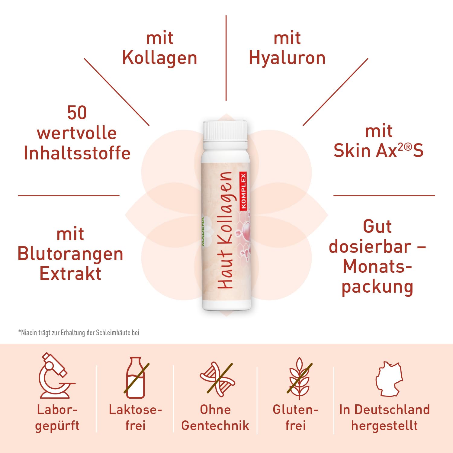 MADENA Haut Kollagen Komplex, 30 Ampullen für strahlende Haut, mit SkinAx2®, Verisol® Kollagen-Peptiden, Blutorangenextrakt, Hyaluronsäure & Vitamin C