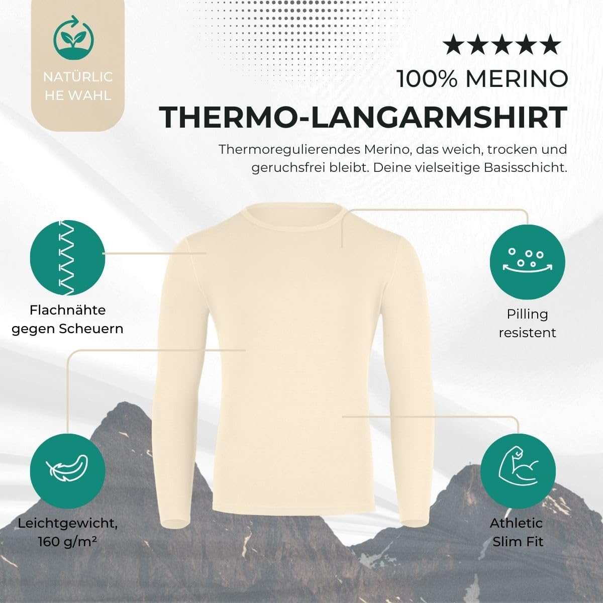 menique 100% Merino Wolle Herren Langarmshirt – Slim Fit Thermounterwäsche Baselayer Longsleeve Shirt für Wandern, Ski & Outdoor, Atmungsaktiv und Geruchsresistent