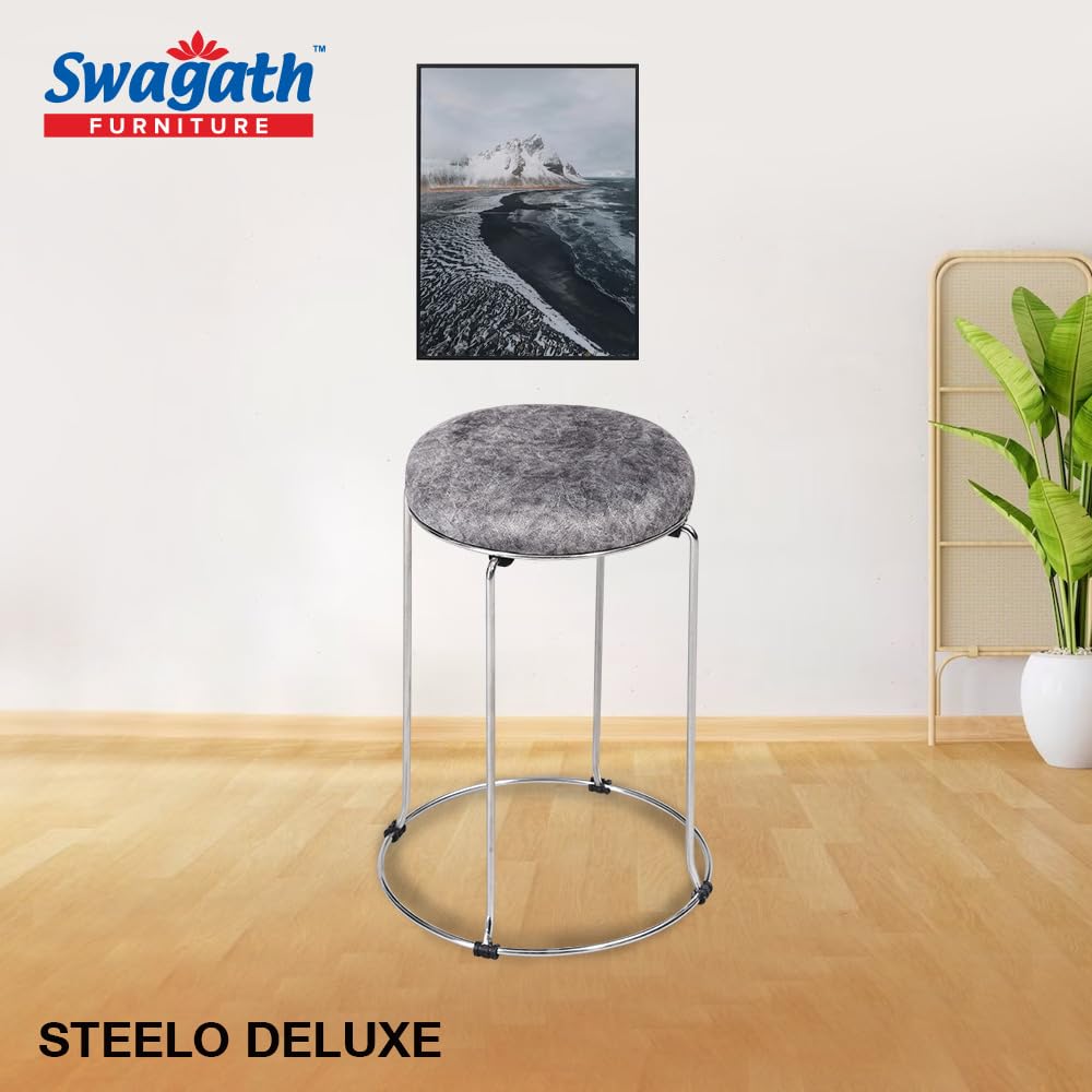 Swagath Furniture Steelo Stool with Stainless Steel Base for Indoor/Outdoor & Cafeteria (Colour-Brown Cushioned seat, Pre-Assembled) F.BRN_1 1