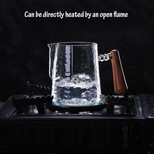 Miniatura 6 de Jarra de crema de vidrio martillado a mano engrosada con mango de madera, taza de espuma de leche de café de 17 onzas16.9 fl oz, escala de medición