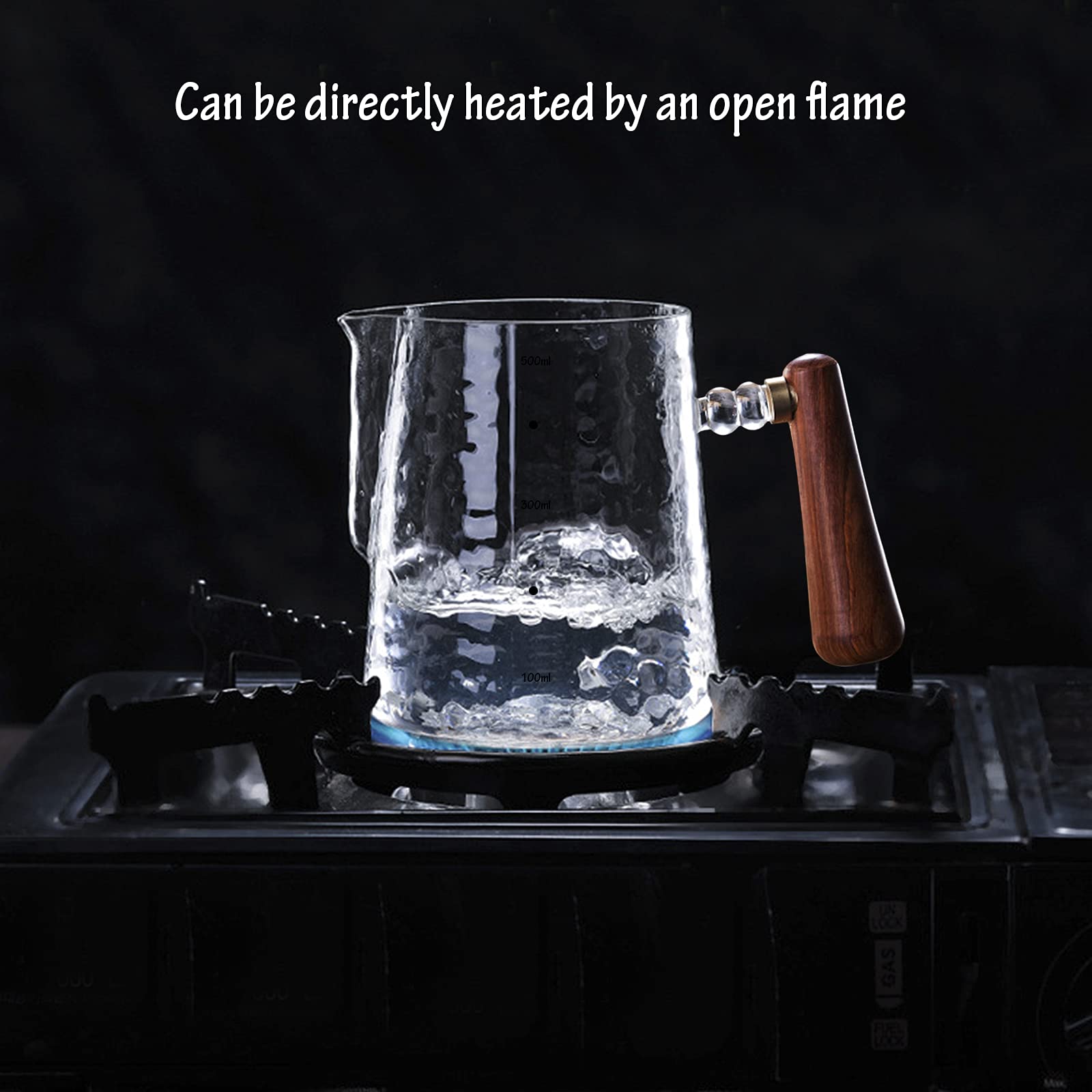 Thickened Hand Hammered Glass Creamer Pitcher with Wooden Handle 17Oz 500ML Coffee Milk Frothing Cup Clear Measuring Scale — view 6