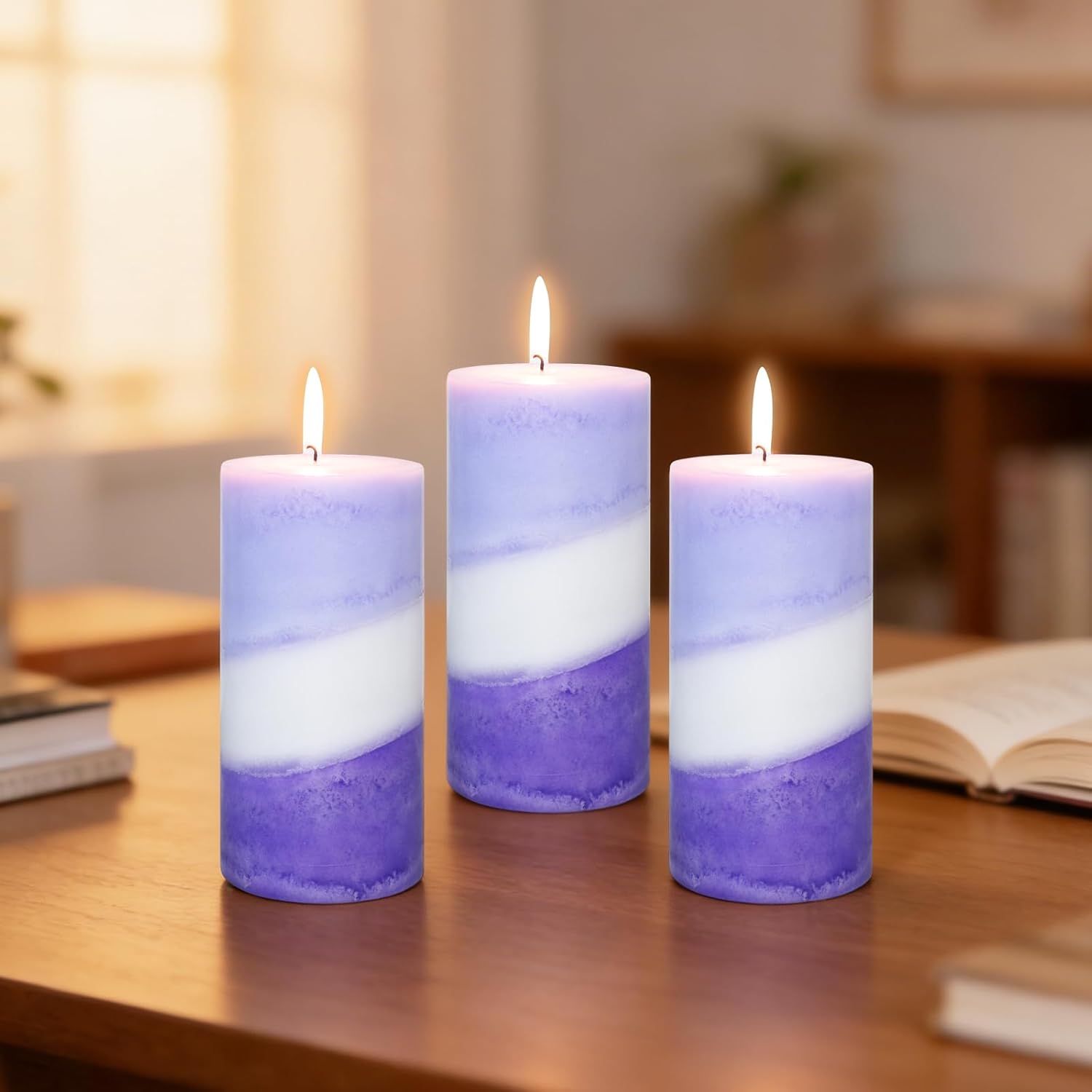 Pillar Candles 3x6 Inches Purple Lavender Scented Hand-Poured Long Burning Floral Aromatherapy Gradient Decorative Candle for Home Decor Relaxation Stress Relief Party Bedroom