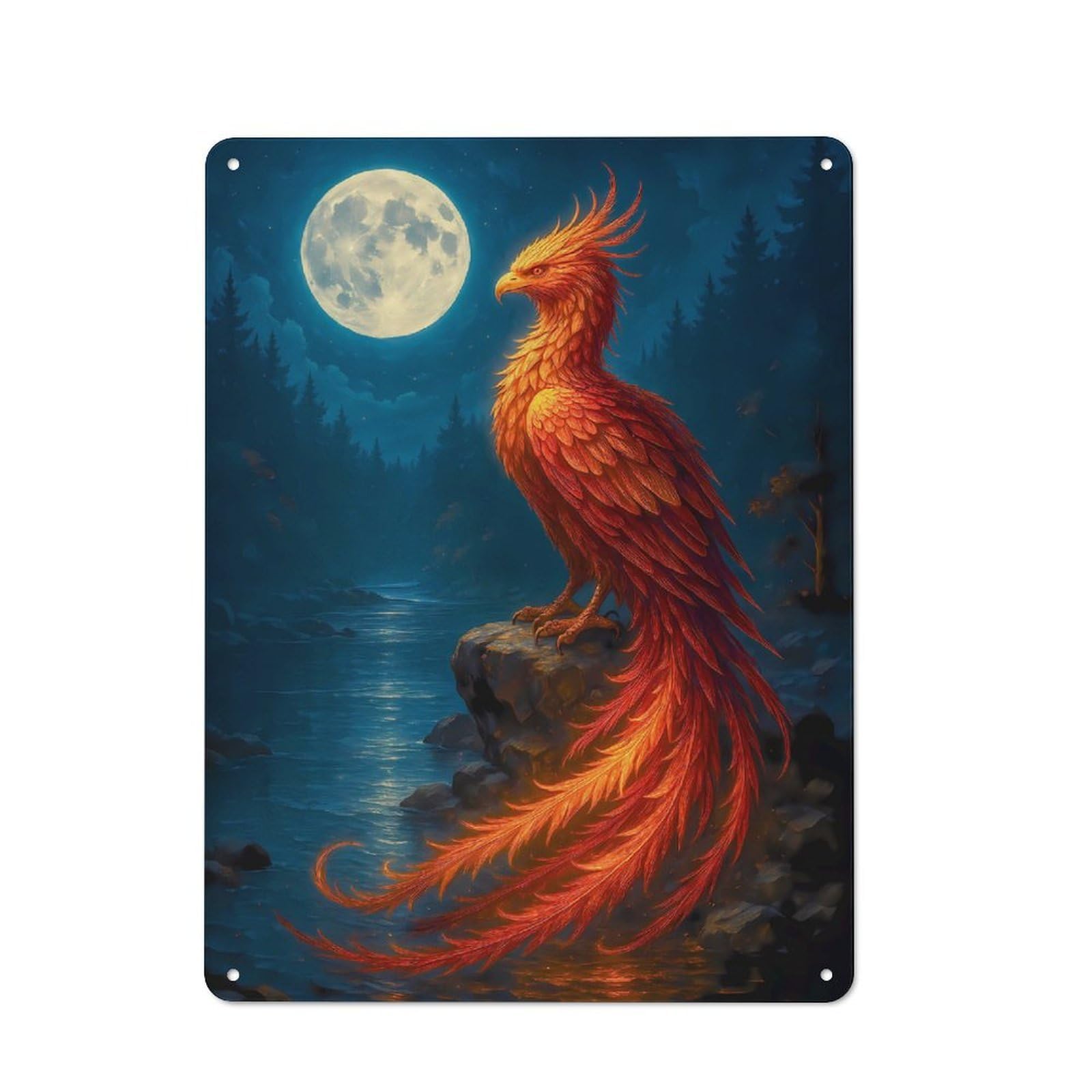 Junmoney Style-24 Tin Wall Plaque 40X30cm With Phoenix Under The Moonlight For Guest Room Or Hallway, For Updating Guest Room And Hallway After Moving
