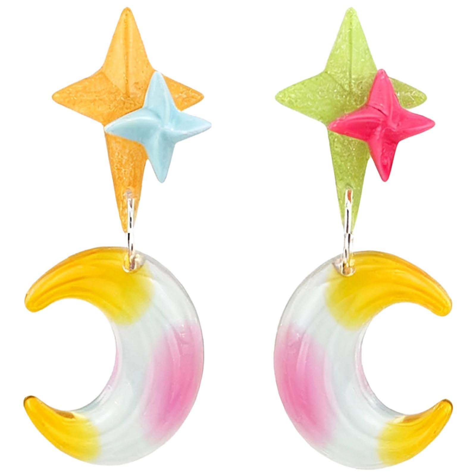 2er-Set bunte Stern- und Mond-Ohrstecker, Ohrringe für Damen, niedliche Dangle-Drop-Ohrringe aus Harz, S925-Silbernadel, 0,8 x 2 in / 2 x 5 cm, verspielter Look