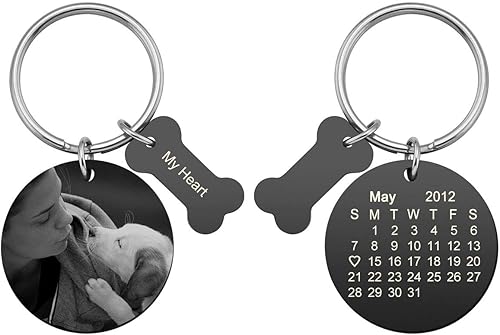 PiercingJ Llavero de acero inoxidable personalizado con fotos y calendario, grabado con foto, regalo conmemorativo para mascotas, placa redonda de
