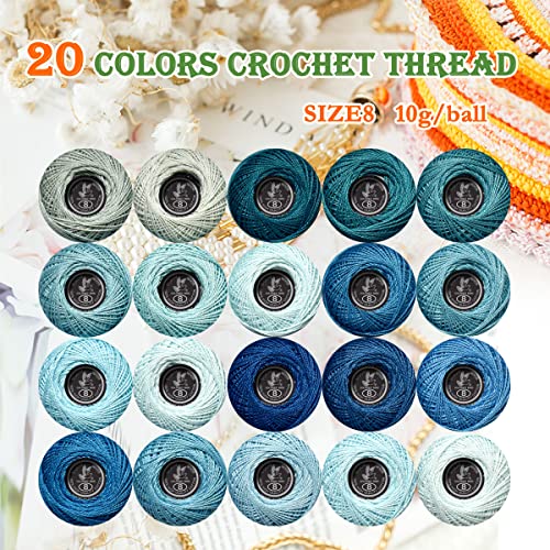 Image of Soft 20 Colors Classic Crochet Thread 20 Pack,100% Cotton (Delft Blue-828-927)