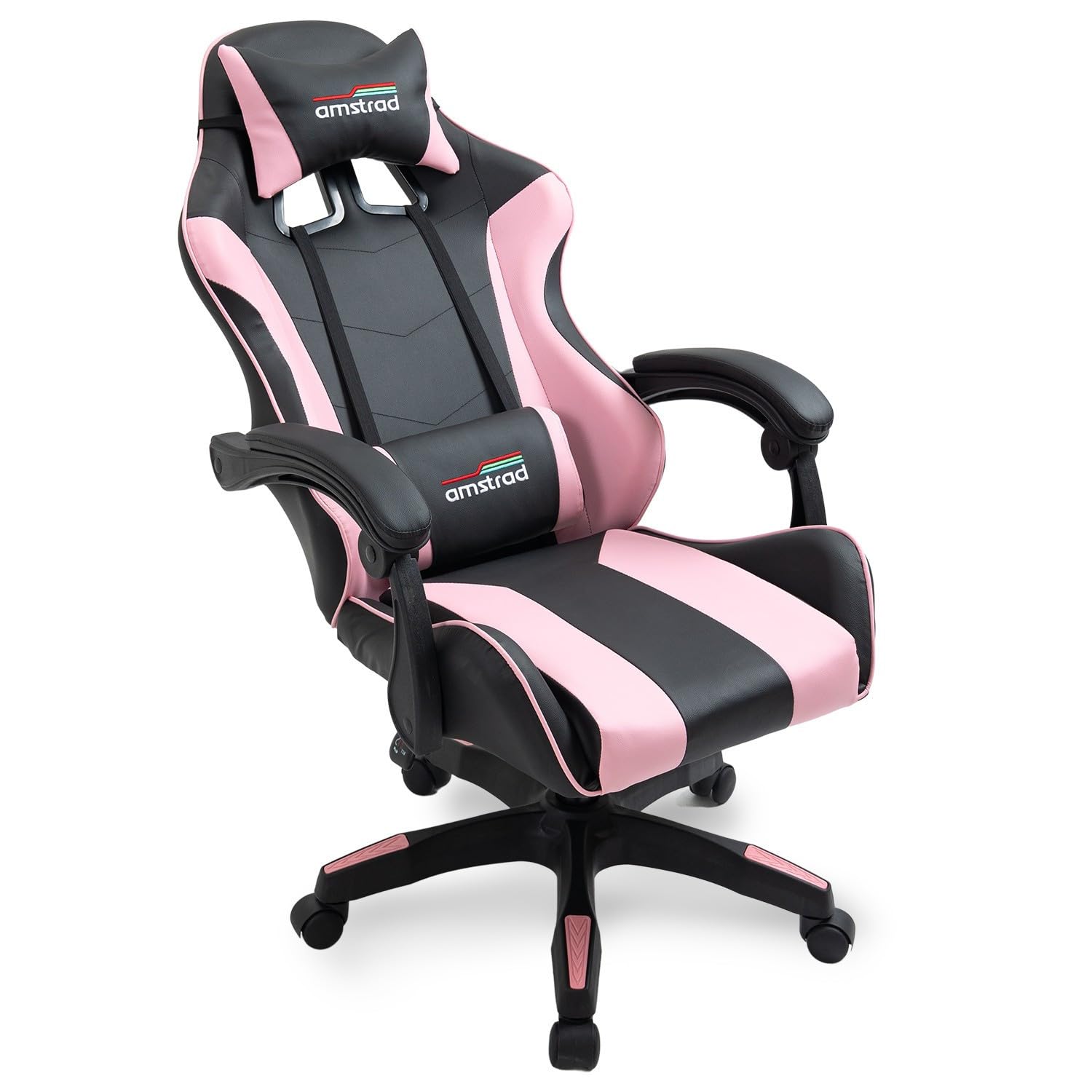 Amstrad AMS-800-PINK Fauteuil/Chaise de Bureau Gamer Coloris Noir & Rose - Coussin Lombaire & appuie tête
