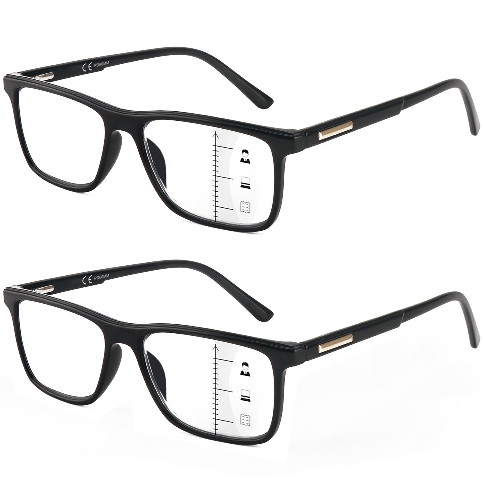 Missfive2 Pack Multifocus Progressive Reading Glasses - Blue Light Blocking Anti UV/Eye Strain, Multifocal Computer Readers Spring Hinge No Line_for Mid-Near Range approx 3ft,3.0x, Black