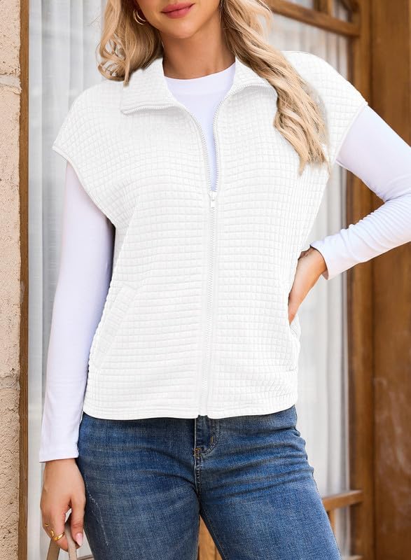 Dokotoo Womens Vest Tops 2026 Zipper Up Cap Sleeve Side Pockets Waffle Knit Sleeveless Oversized Vests - Image 4
