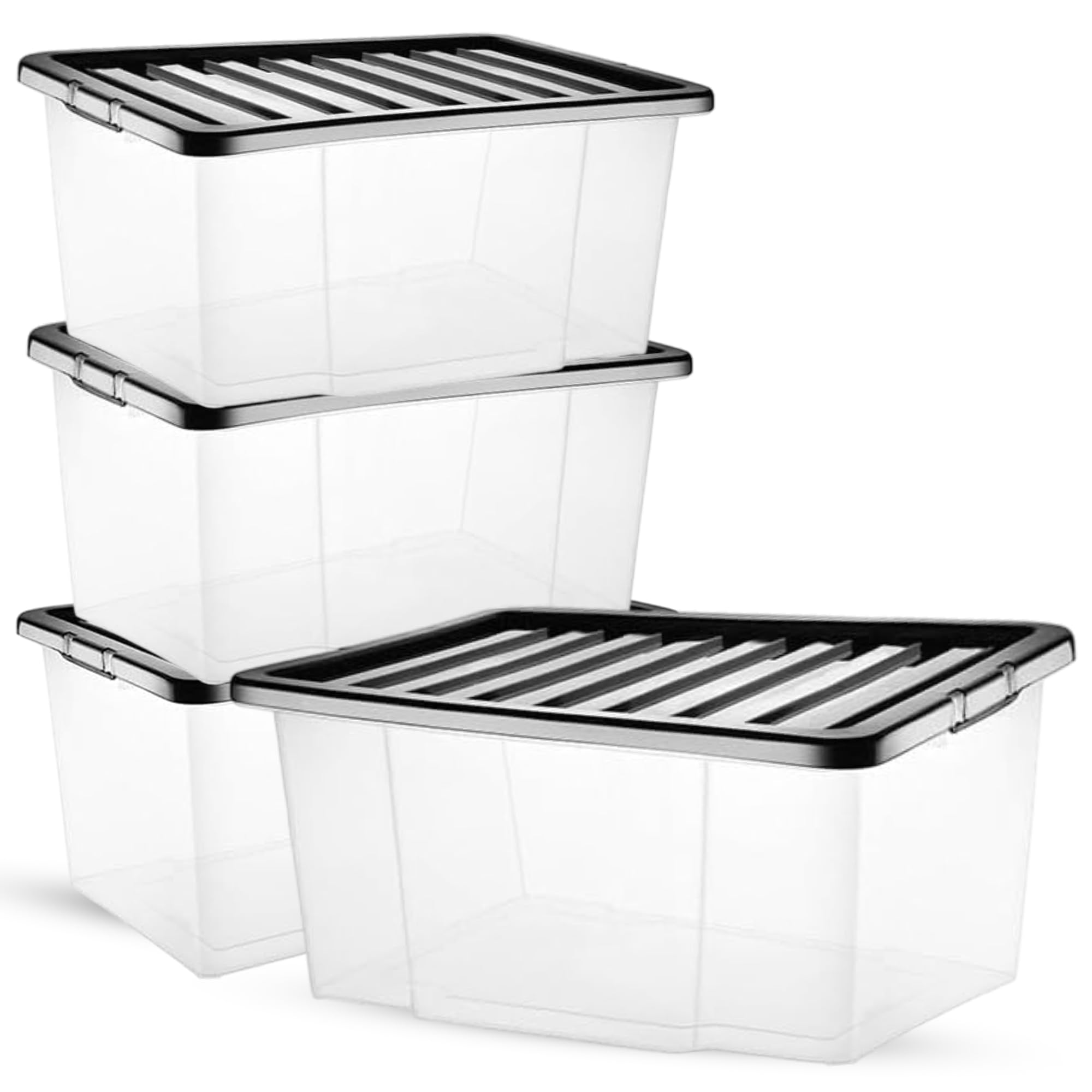 PDS 3 cajas de almacenamiento de 50 litros con tapas, caja de almacenamiento de plástico transparente con tapa negra, cajas de plástico transparente para uso en el hogar, cocina, caja de plástico