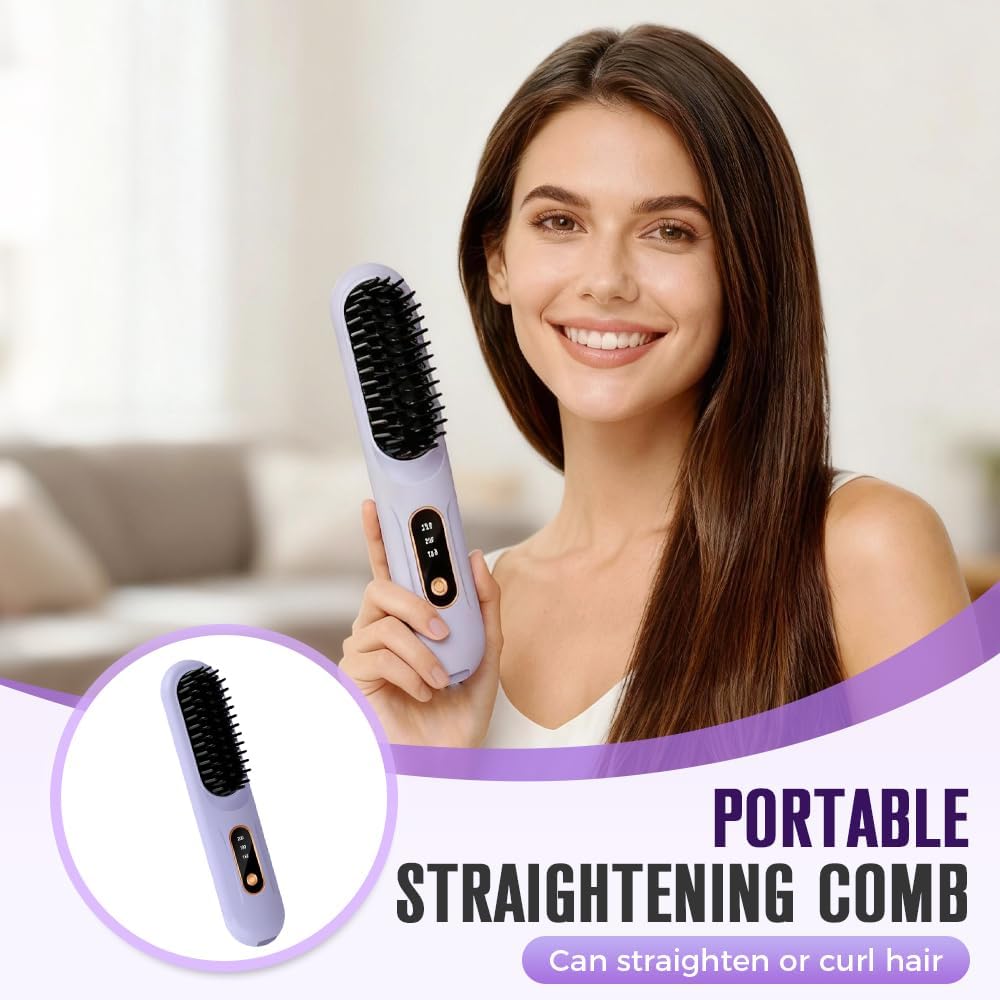 Portable Straightener Brush for Short Hair, 2026 New Ceramic Hair Dressing Comb for Travel with LCD Temperature Display, Fast Heating Mini Brush Styling Tool for Women (Purple) - Image 2