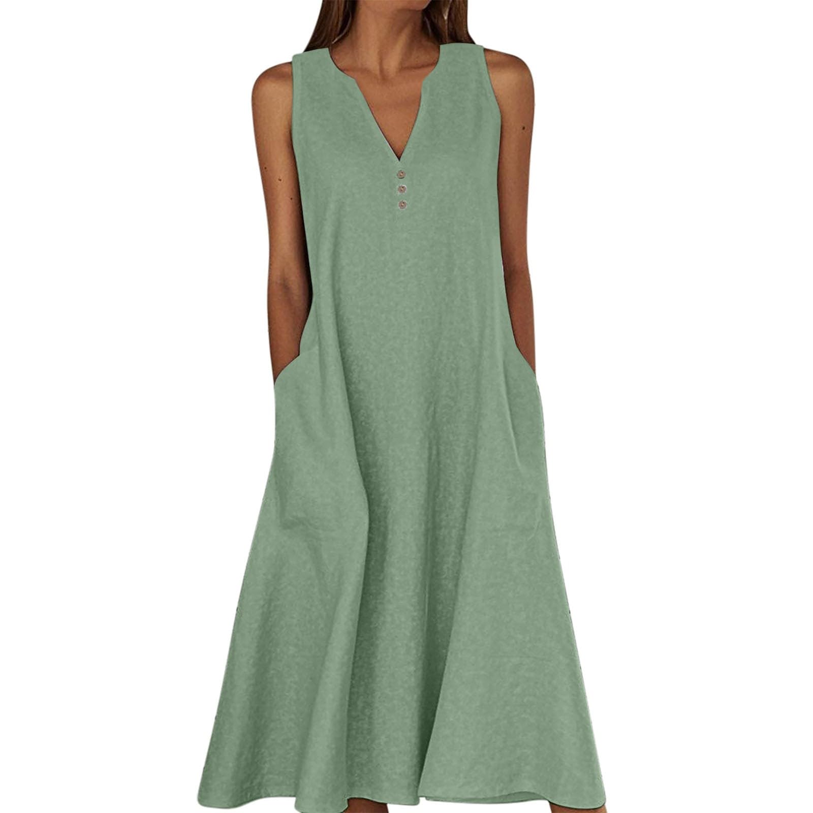Angxiwan Shift Dresses for Women UK Summer Dresses for Women UK Beach Loose Fit Sleeveless Linen Sundresses with Pockets Plus Size V-Neck A Line Maxi midi Summer Maxi Dress B Green