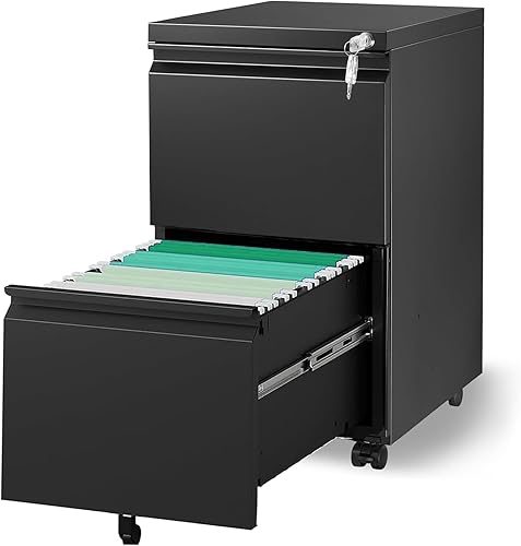 Archivador móvil de 2 cajones con cerradura, archivador rodante, archivador móvil debajo del escritorio, archivadores para oficina en casa,