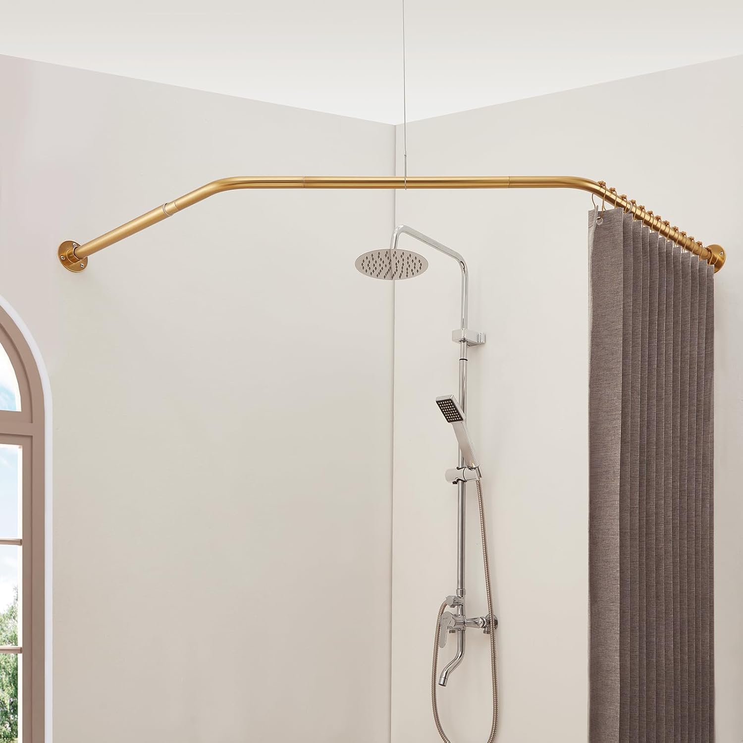 Diamond Shaped Shower Pole, Corner Shower Curtain Rod, Curved Shower Curtain Rod for Bathroom, 304 Stainless with 12 Ring Hooks & Ceiling Support [Sides: 22"-34.8", Middle: 28"-43.7"] (Gold)