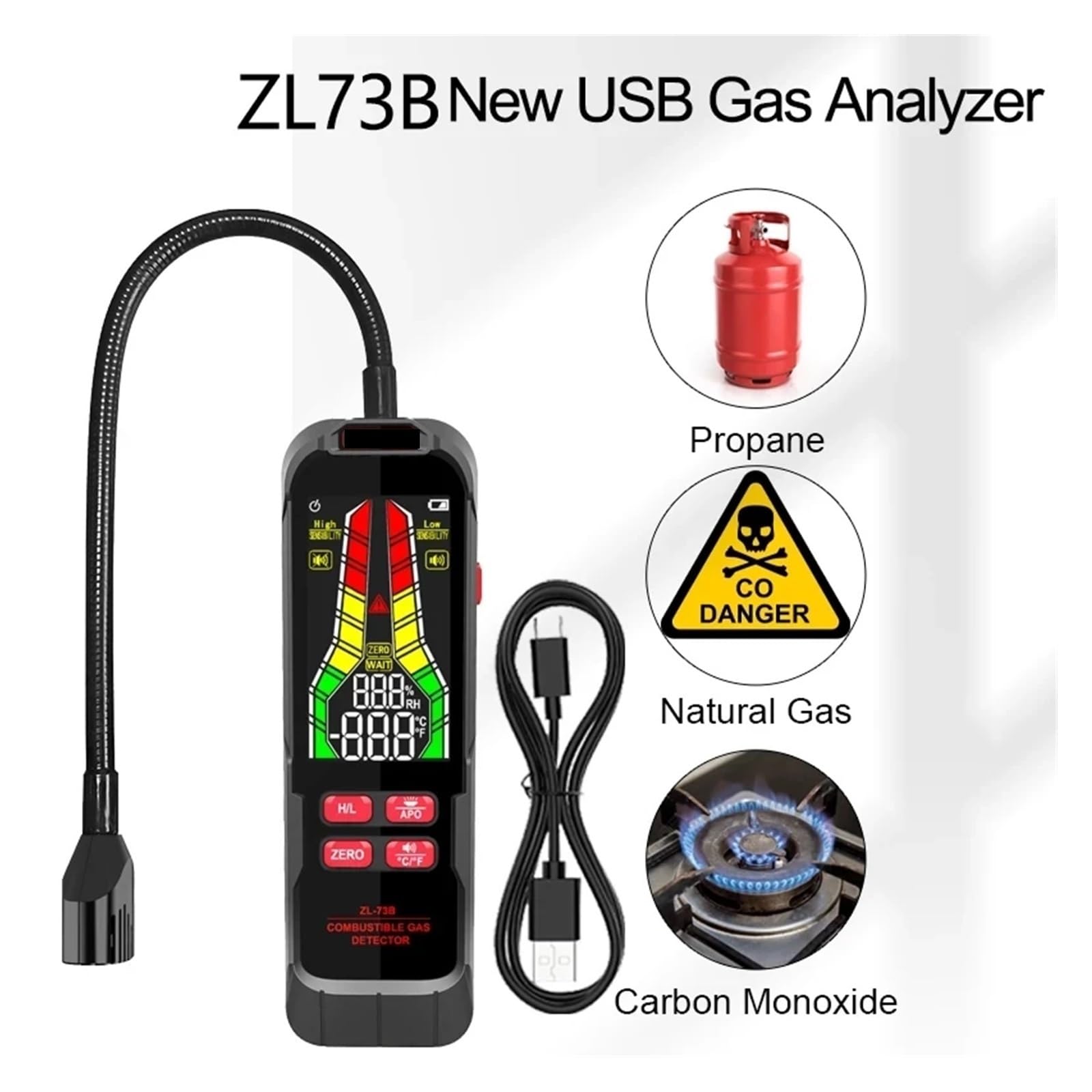 Detector de Gases, Detector de Fugas Gas ZL73B con zumbador y Pantalla LCD, Detector Combustible, analizador Temperatura Humedad, Herramienta Prueba eléctrica(ZL72B)
