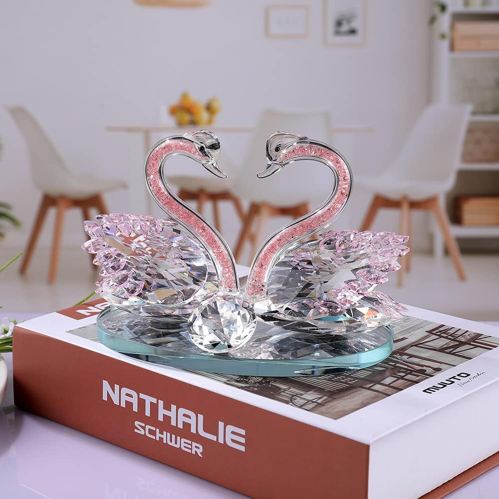Crystal Swan, Crystal Swan Figurines, Couple Lover Swan Statues, Clear Crystal Swan Ornaments Collectibles, Paperweight Wedding Living Room Home Office Tabletop Decor Valentine's Day (Pink, 6.3"/16cm)