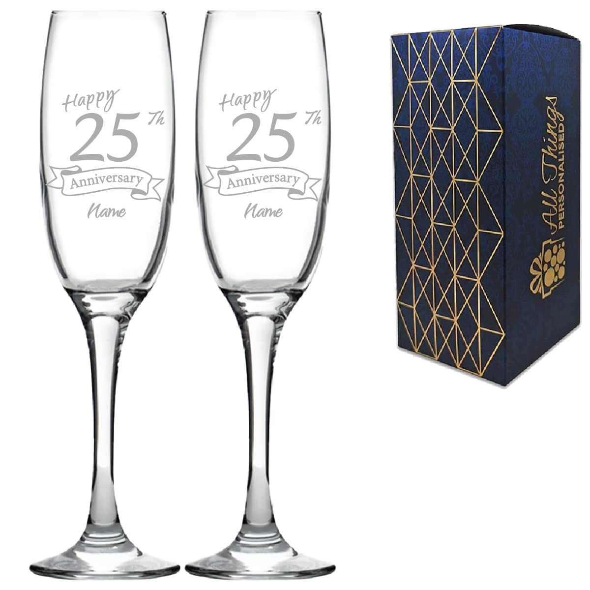 Personalised Engraved 25th Anniversary Glass Set of Two, Imperial Champagne 7.5oz Glass, Engraved in The UK, Personalise with Any Name, Thoughtful Customised Gift