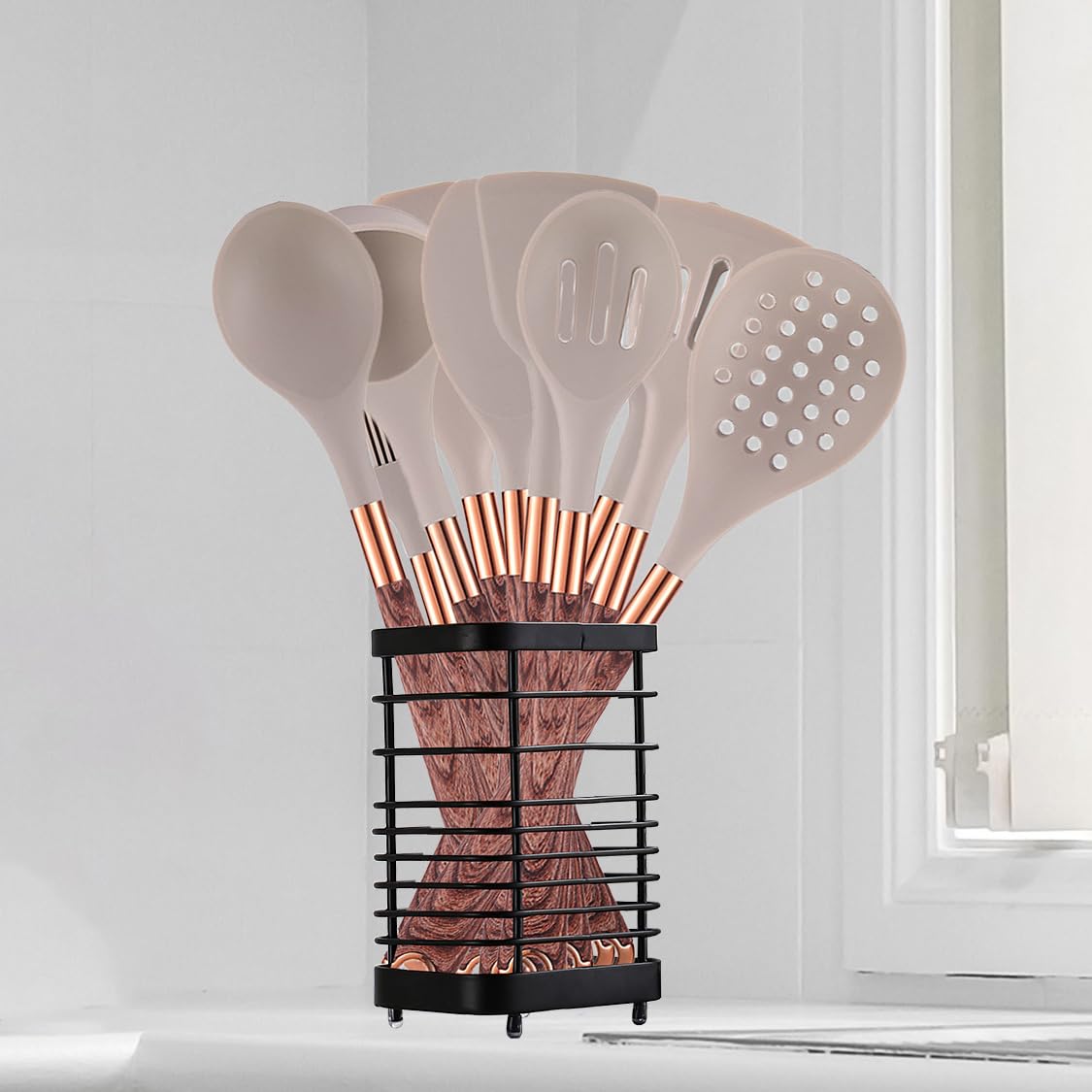 Soporte para utensilios de cocina, organizador de encimera de cocina, escurridor de cubiertos, estante de secado para cubiertos y utensilios de cocina de acero inoxidable (negro, L) 7