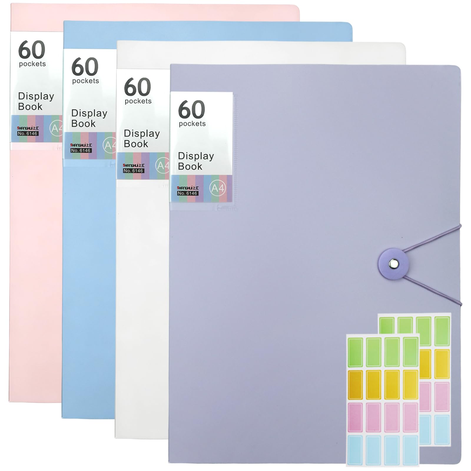 4PCS A4 Display Folders, Total 240 Pockets A4 Display Book Folder with Stickers, Plastic Sleeves and Pockets Presentation Folders Document Project Folder for School and Offices A