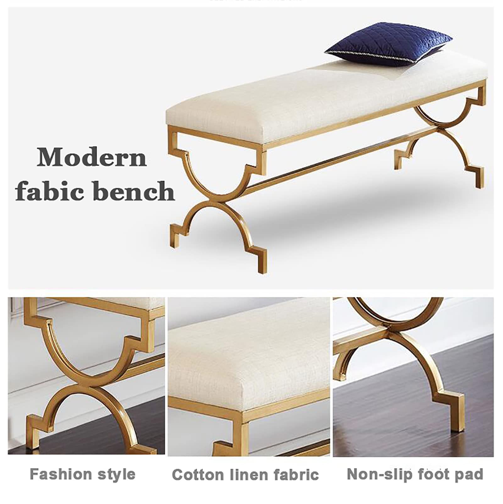 Banc à chaussures rembourré moderne avec base en métal – Repose-pieds d'entrée élégant et tabouret en tissu confortable pour salon, salle à manger et chambre à coucher – 78,7 x 35,6 x 45,7 cm, blanc