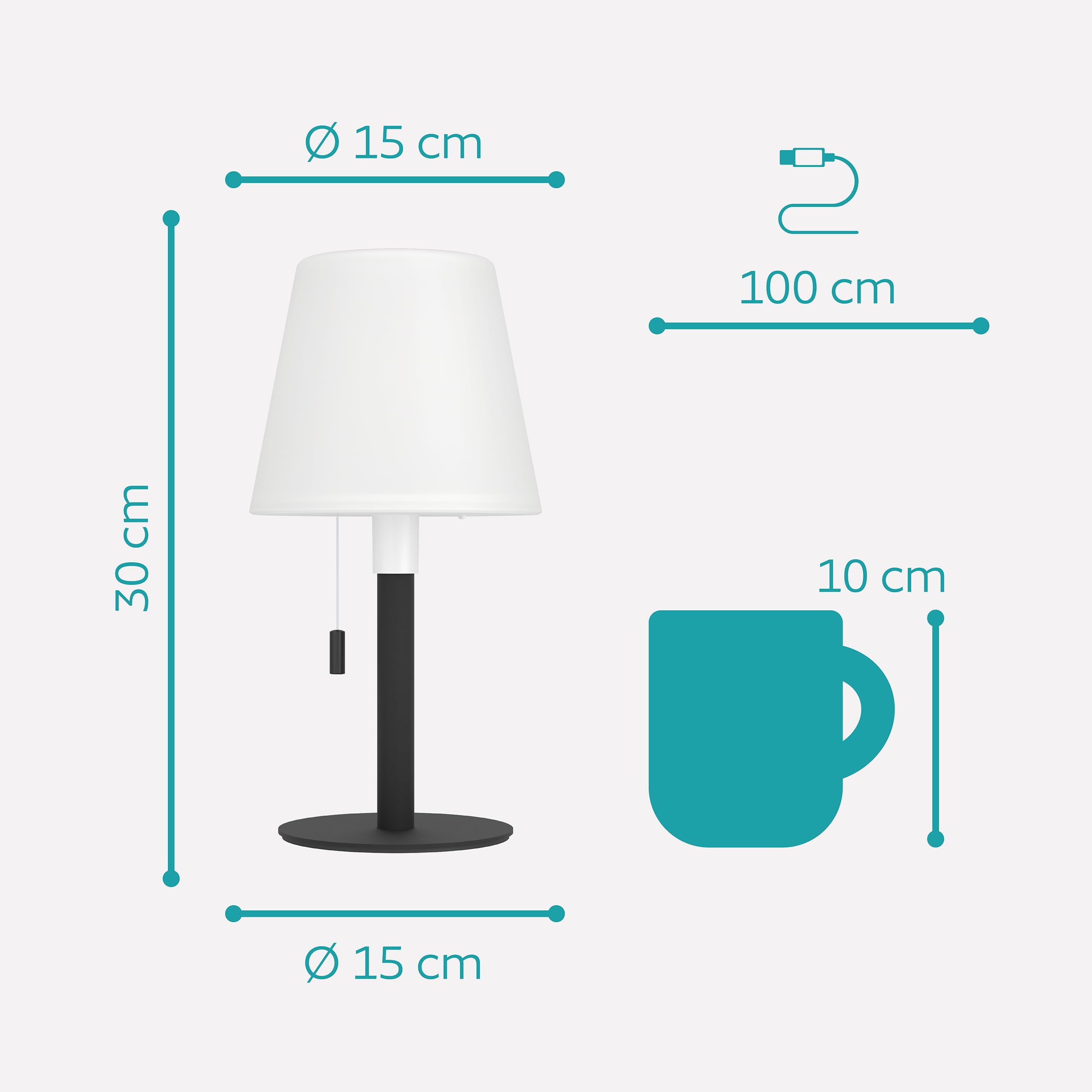 EGLO Solar Tischleuchte Montapalma-L, Outdoor Akku Tischlampe dimmbar mit Zugschalter, kabellose Solarlampe für außen, Stahl in schwarz, Kunststoff weiß, warmweiß, RGB, IP54