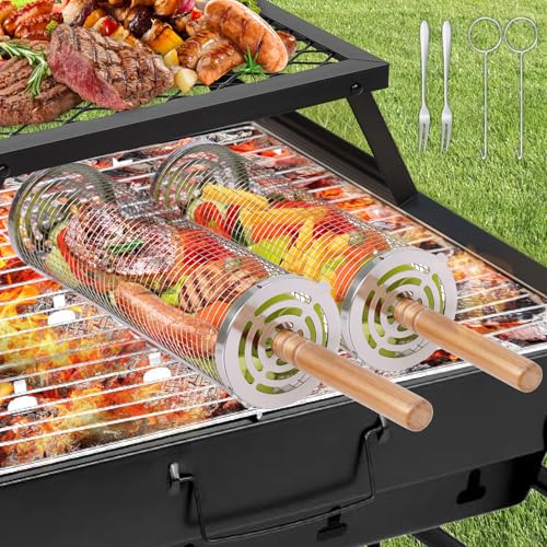 YYAQZD 2 pezzi griglia barbecue，griglia a rullo ad alta capacità con manico in legno, accessorio portatile per grigliare carne, pesce e verdure all'aperto o in campeggio, regalo perfetto perbarbecue.
