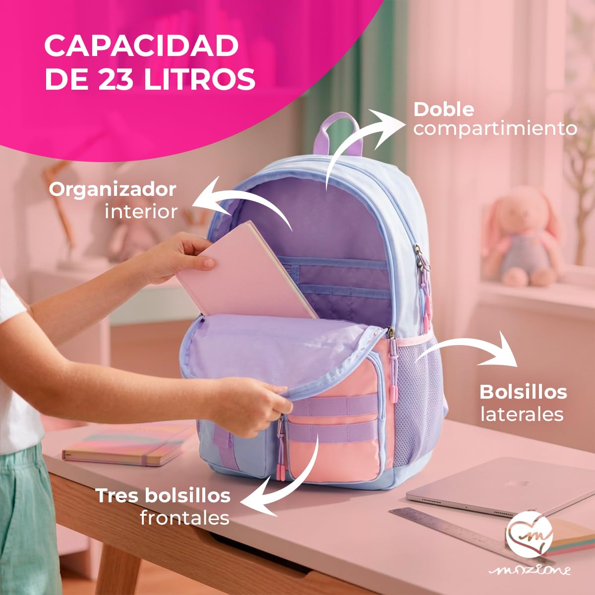 Zaino Cookie Charms, con doppio scomparto, 3 tasche anteriori, tasche laterali e organizer interno, uso versatile, viola - 23 litri di capacità
