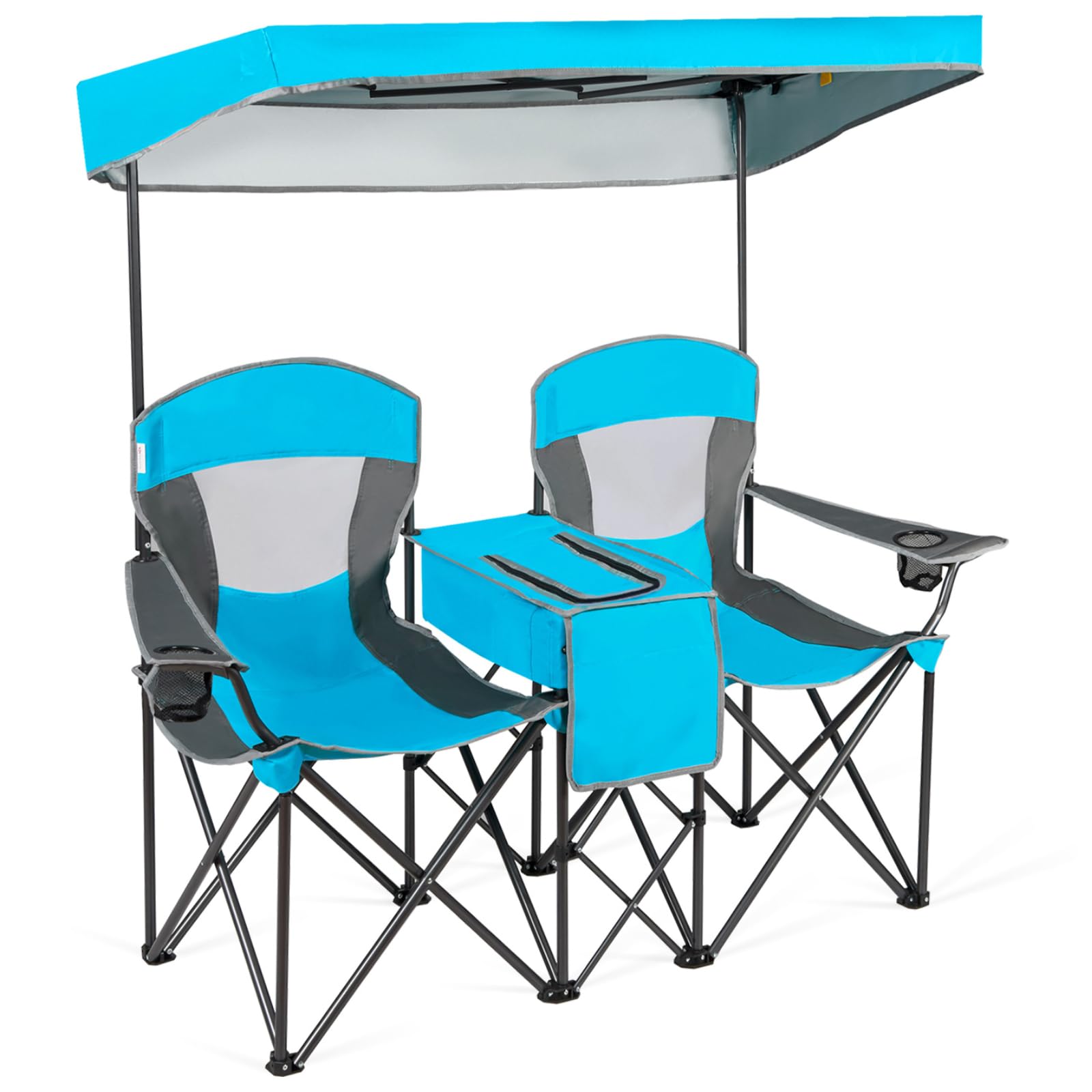 TANGZON Double Camping Chair, Outdoor Folding Loveseat with Shade Canopy, Cup Holder, Cooler Bag, Side Pocket & Carrying Bag, Portable Picnic Chair for Patio BBQ Fishing (No Roll-up Shade, Blue)
