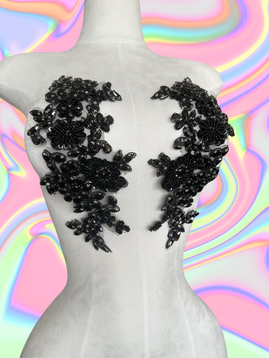 1 Pair/Set Rhinestones Lace Applique Accessories Handsewing Beads Sequins Stones Trim Patches for DIY Girl Wedding Dress Decorations (Black)