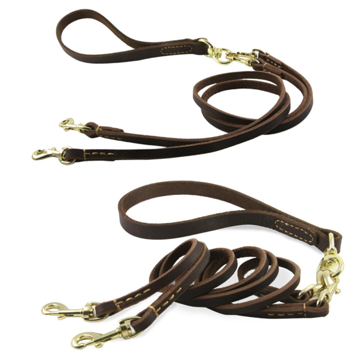 Laisse Double Tête pour Chien, Robuste, 1 Pièce, Cuir Bovin | 1, 6 X 120cm, Marron Café, Usage Extérieur et Voyages, pour Chiot et Chien