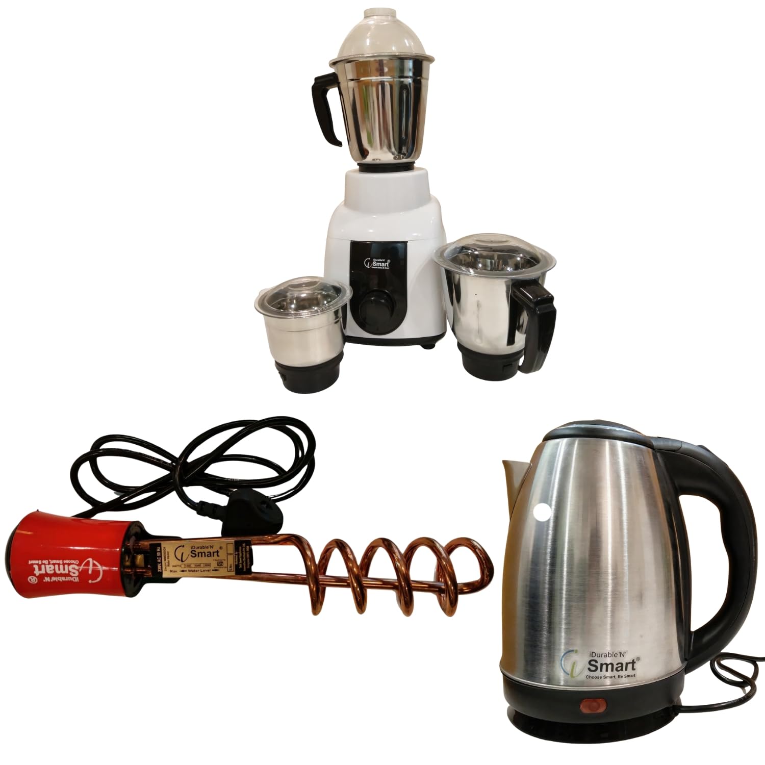 iDurable 'N' Smart 3-in-1 Kitchen Combo | 1.8L Electric Kettle + Mixer Juicer + 1000W Copper Immersion Rod | Multi Purpose Appliance Set for Home, Hostel & Office Use