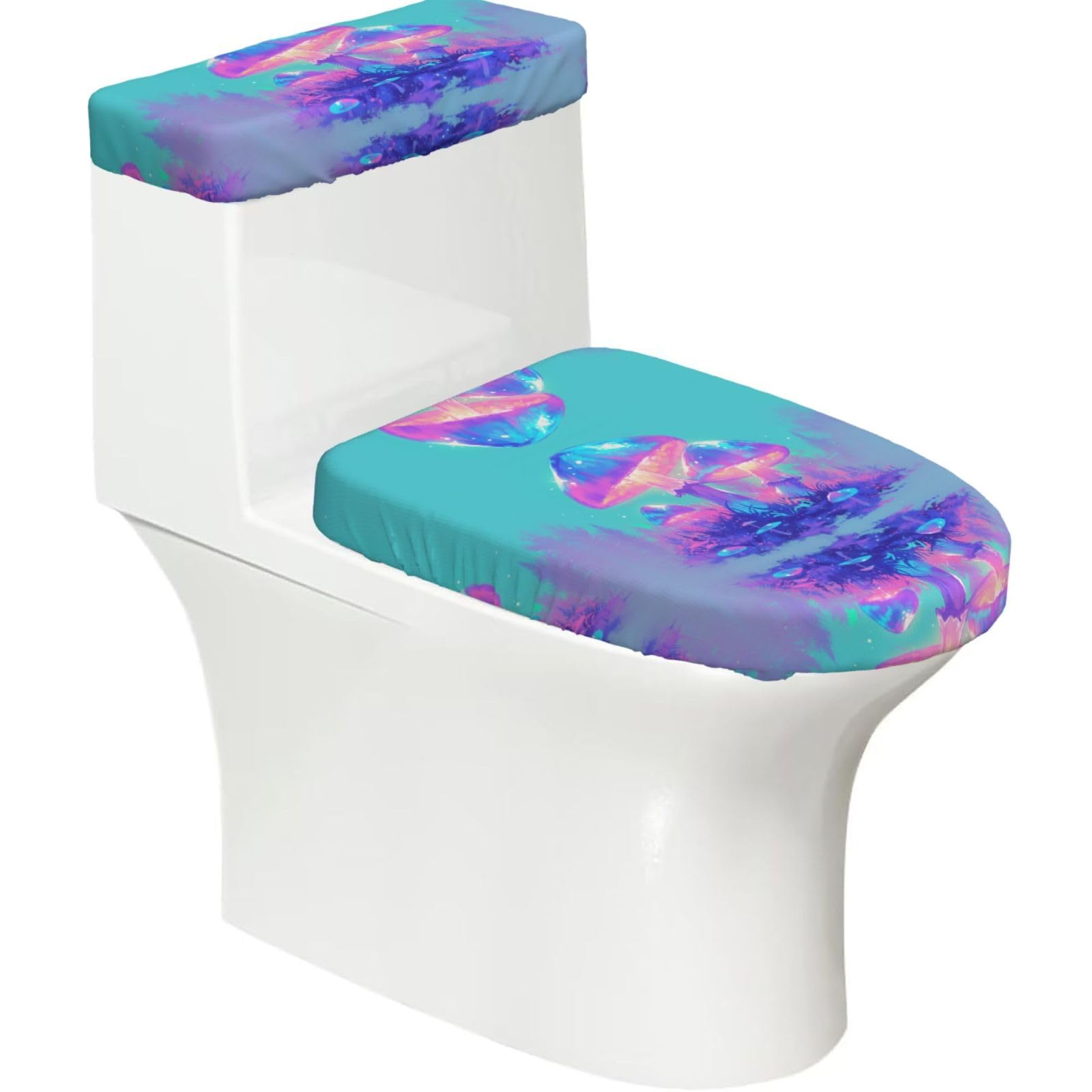 Colorful Mushrooms 2-Piece Toilet Seat Cover Set with Tank Lid - Elastic for U-Shape & Elongated - Bathroom Decor