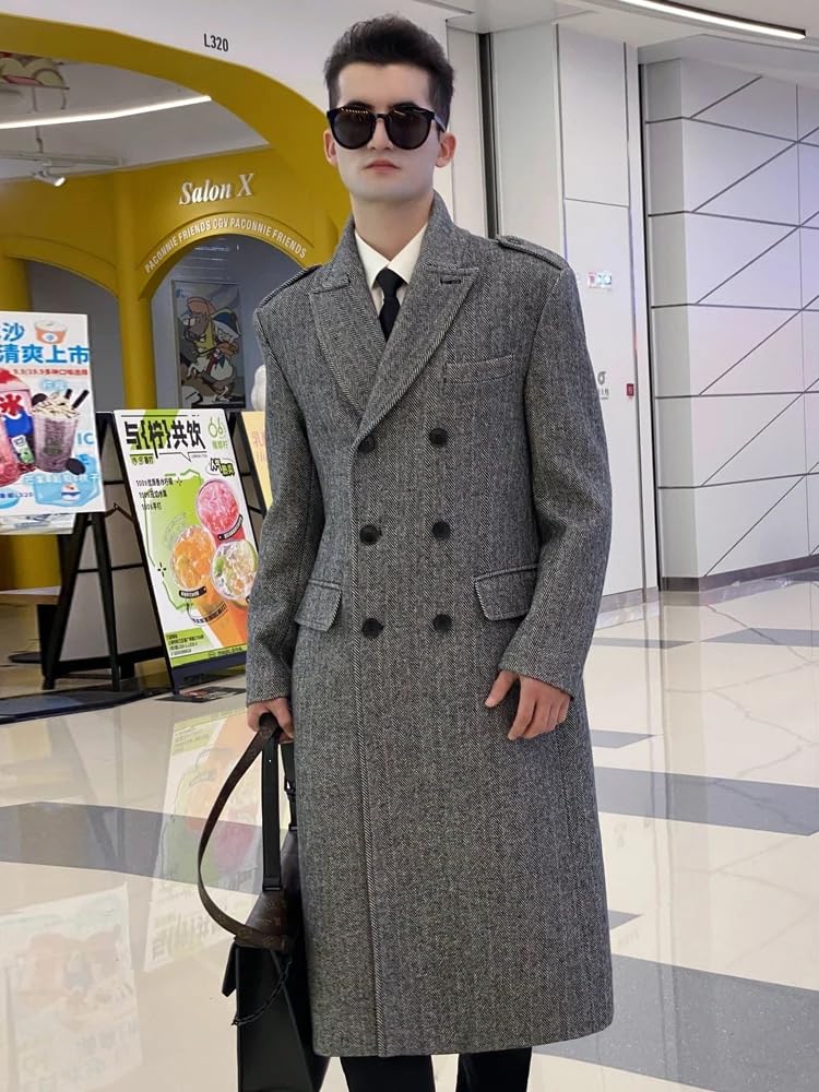 Lunghezza Spina Di Pesce Cappotto Di Lana Degli Uomini Stile Classico Doppio Petto Addensato E Staccabile Fodera Interna Cappotto Uomo