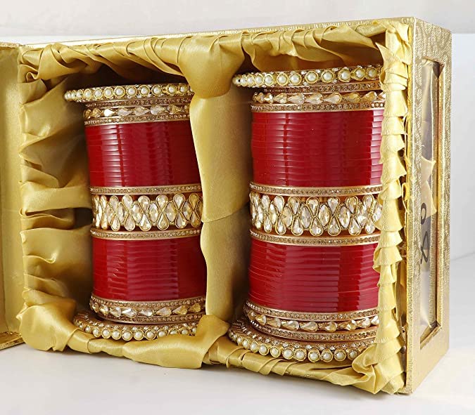 Image of NMII Traditional Gold Plated Acrylic Bangles Bridal Chuda Set For Women & Girls with Zircon Diamond & Pearls Beads Work | Royal Wedding Chudas | Premium Look | Bangles For Wedding, Festive, Function
