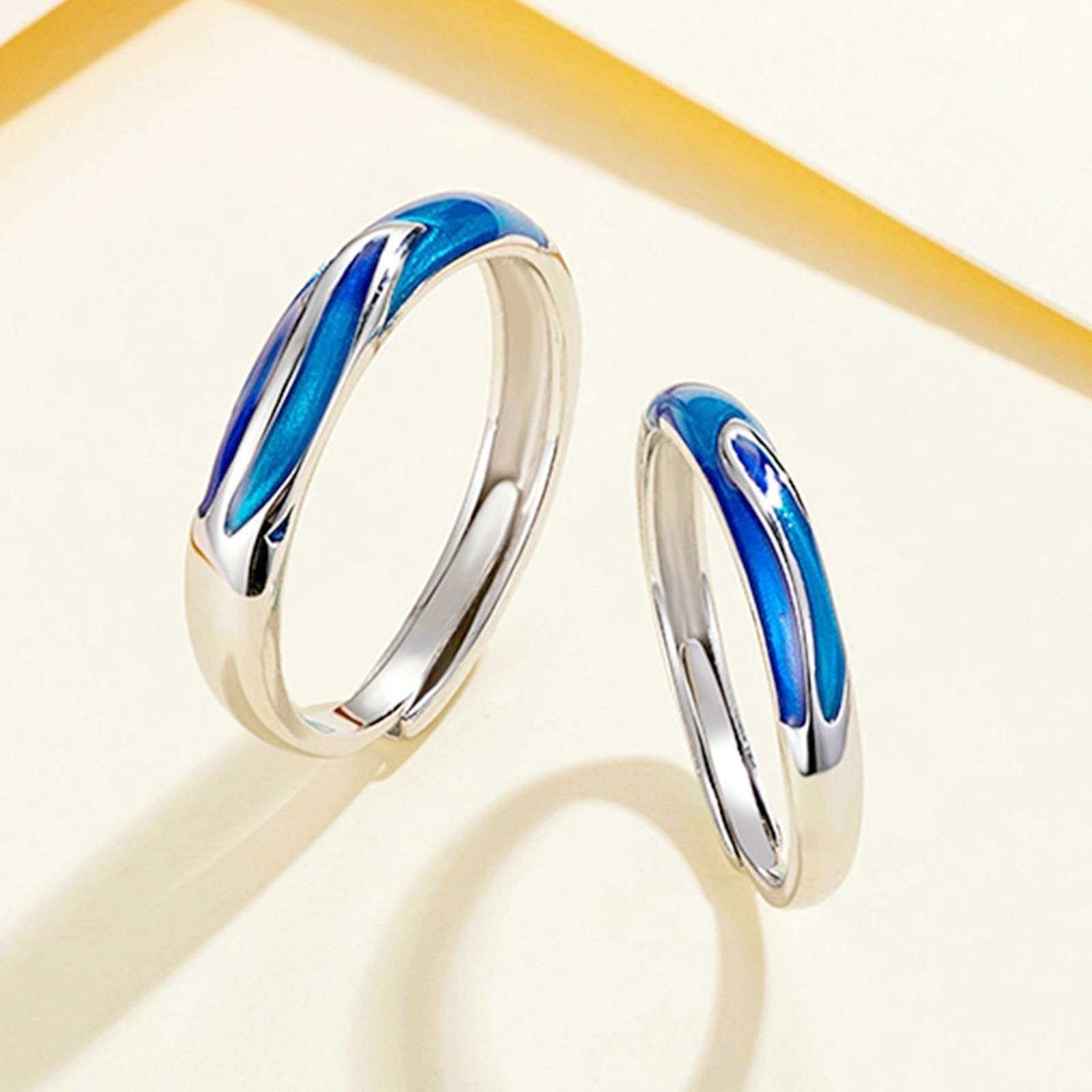 Set di anelli di fidanzamento regolabile, fede nuziale in argento 925 con anello regolabile in argento blu smaltato blu, Adjustable, Metallo Argento sterling, Nessuna pietra preziosa