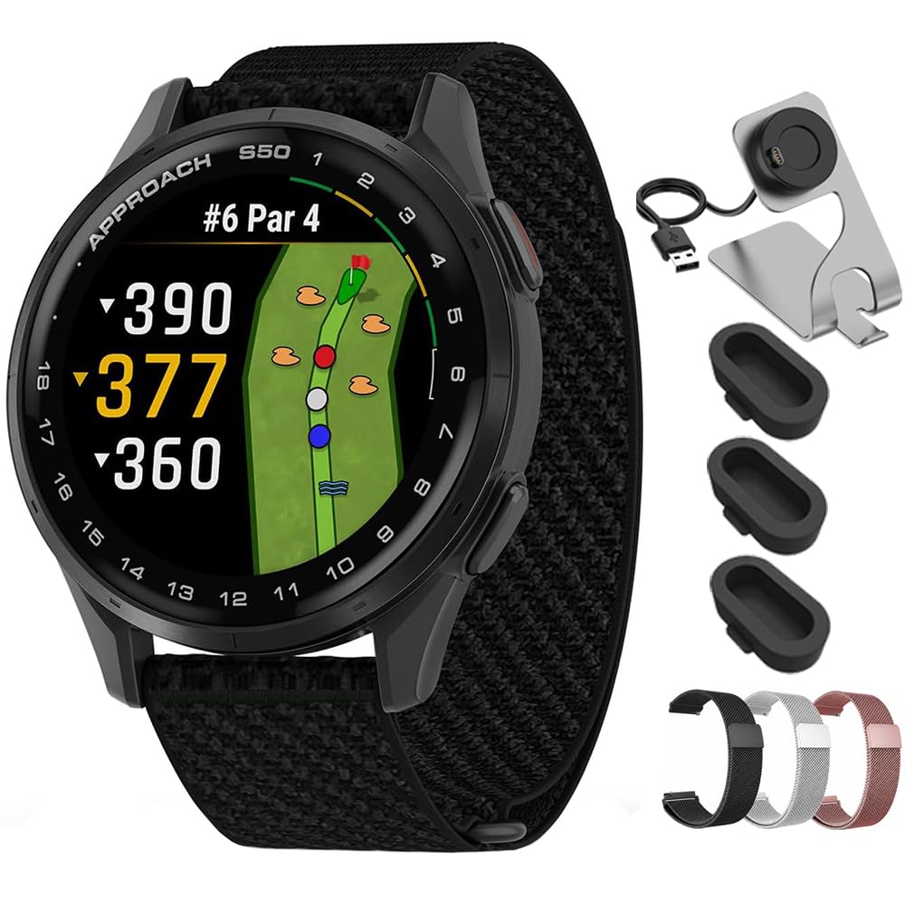 Garmin Approach S50, Advanced Golf GPS Smartwatch, AMOLED Display, On-Course Features, Slate Aluminum Bezel with Black ComfortFit Nylon Band - Bundle w/Deco Essentials 20mm Milanese Bands & Dock