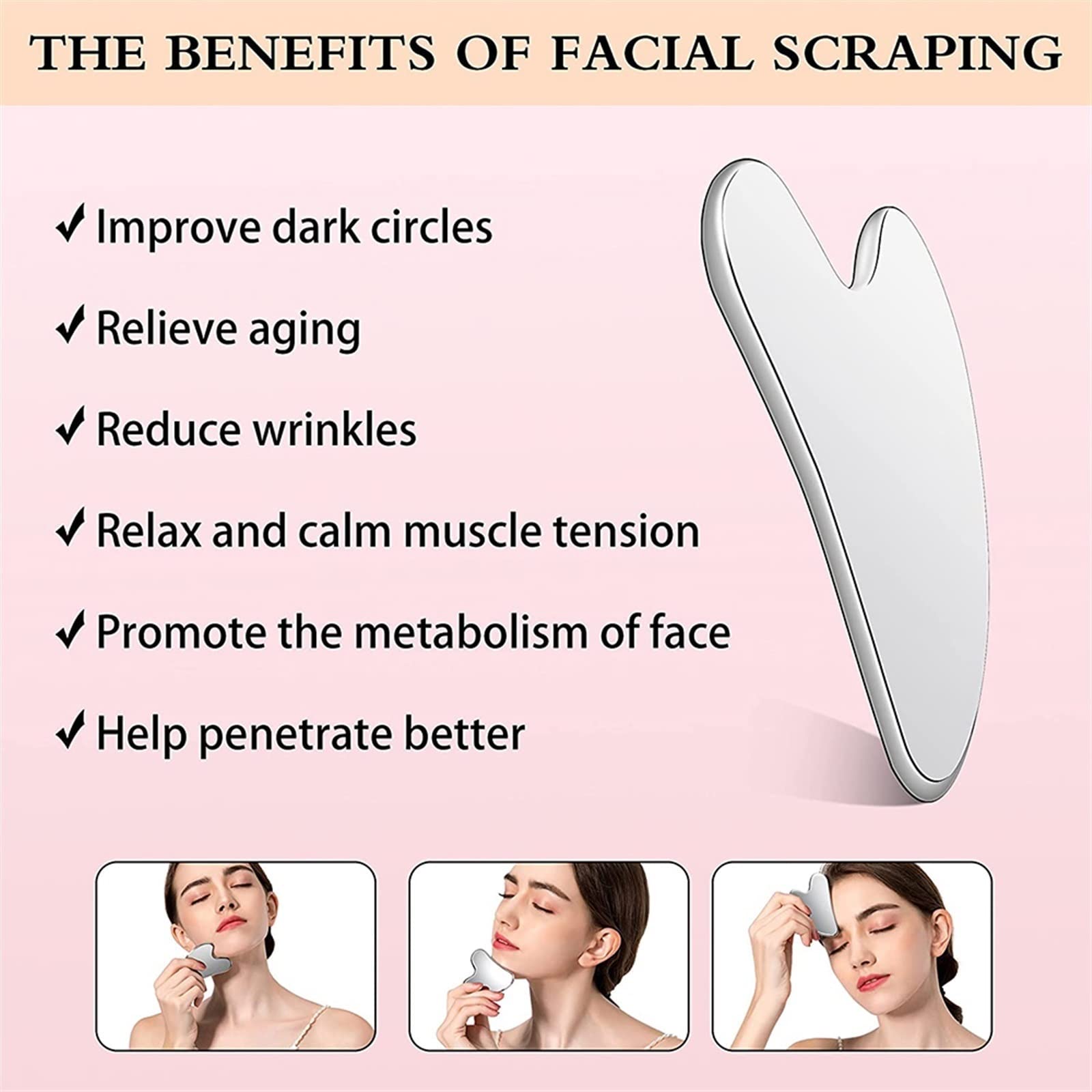 BAWHO Herramientas faciales Gua Sha, Herramienta de Masaje Gua Sha de Acero Inoxidable for la Cara como masajeador Facial o Herramienta for el Cuidado de la Piel, 1 Uds.