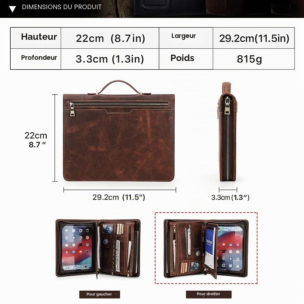 Porte-documents fait à la main en cuir italien pour iPad Pro de 11 pouces, documents de travail, bloc-notes - multifonction - organiseur de documents de conférence en cuir vintage