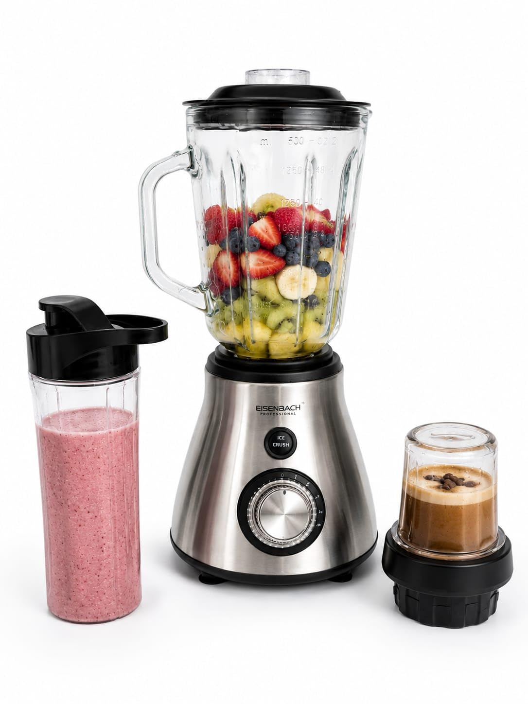 Licuadora Eléctrica Profesional 3 en 1 800W, Vaso de Vidrio 1.5L, Molinillo para Café y Especias, Botella Portátil 600 ml, 5 Velocidades + Función Ice Crush, 220-240V 50/60Hz
