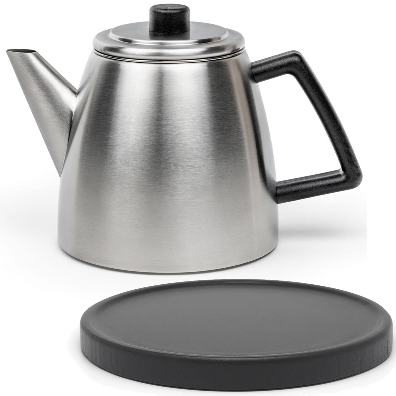 Bredemeijer Edelstahl Teekanne 1.1 Liter - kleine doppelwandige matt-silberne Edelstahlkanne mit Teefilter & schwarzem Holzuntersetzer
