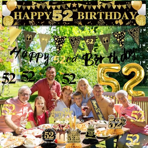 Image of 52nd Birthday Decorations for Men, Black Gold 52nd Party Decoration Kits | 27pcs Happy 52nd Birthday Set, Banner, Honeycomb, Balloons, Gold Number, Candle, Hanging Swirls, Cake Topper, Party Supplies