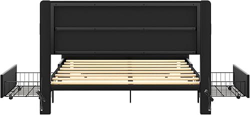 Miniatura 9 de Base de cama tapizada de tamaño Queen con 3 cajones de almacenamiento y cabecero, cama de almacenamiento Queen de piel sintética con estación de