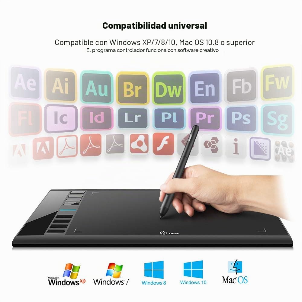 UGEE M708 Tableta Gráfica, 10 x 6 Pulgadas Gran Tableta de Dibujo, 8192 Niveles de Presión Lápiz sin Batería,Compatible con Windows 10/8/7 Mac Os Artista, Diseñador, Aficionado