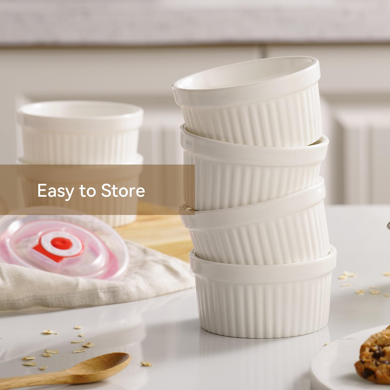 Dafuceramic Ramequines con tapas, 12 onzas, color blanco, creme brulee ramequines de cerámica aptos para horno, juego de 6 natillas de porcelana para hornear, apto para lavavajillas y microondas