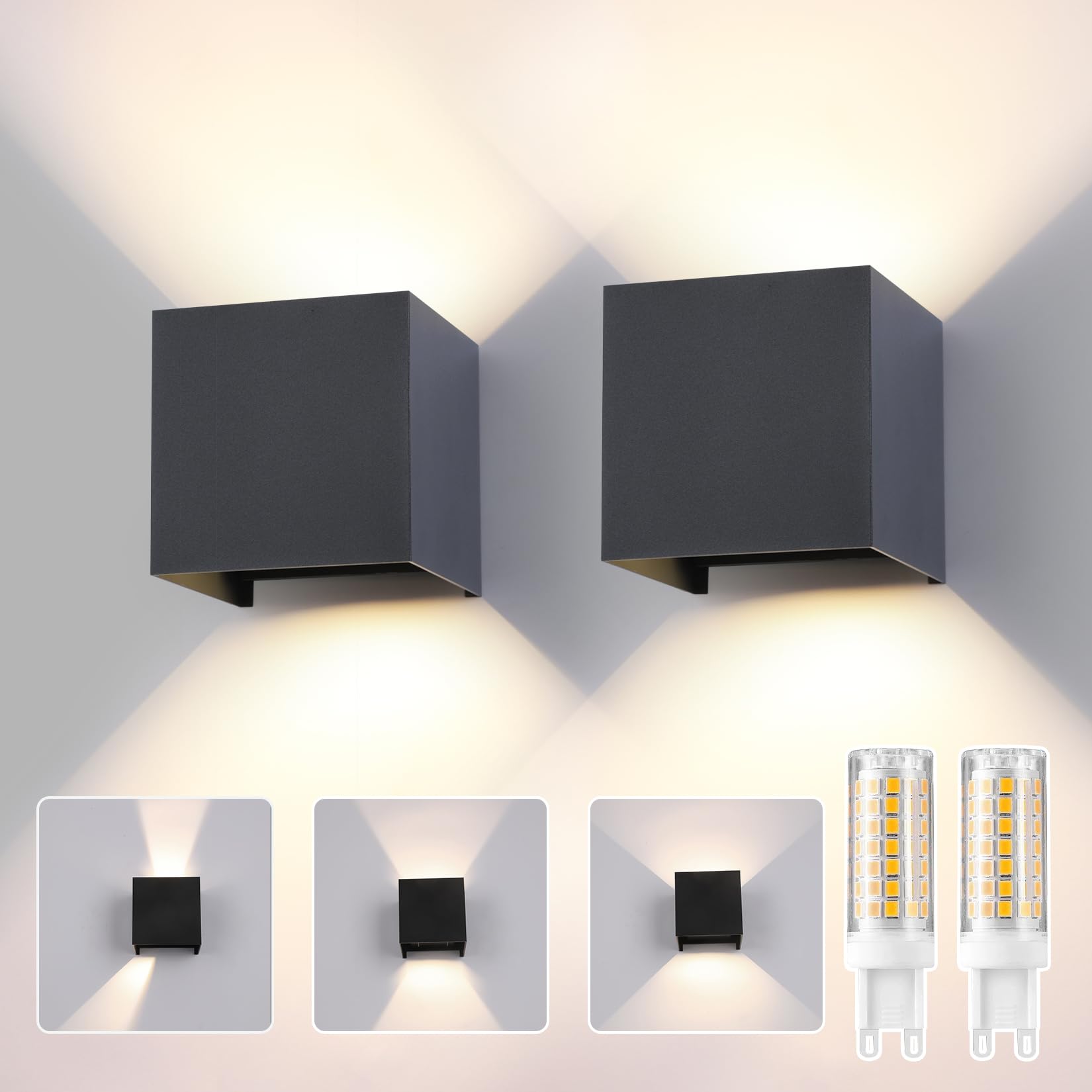 2 Pcs Aplique de Pared Exterior Interior Bombilla LED G9 Reemplazable IP65 Impermeable Lámparas de Pared 3000K Luz Cálido Apliques de exterior cuadrada de aluminio Ángulo de luz ajustable Antracita — view 29