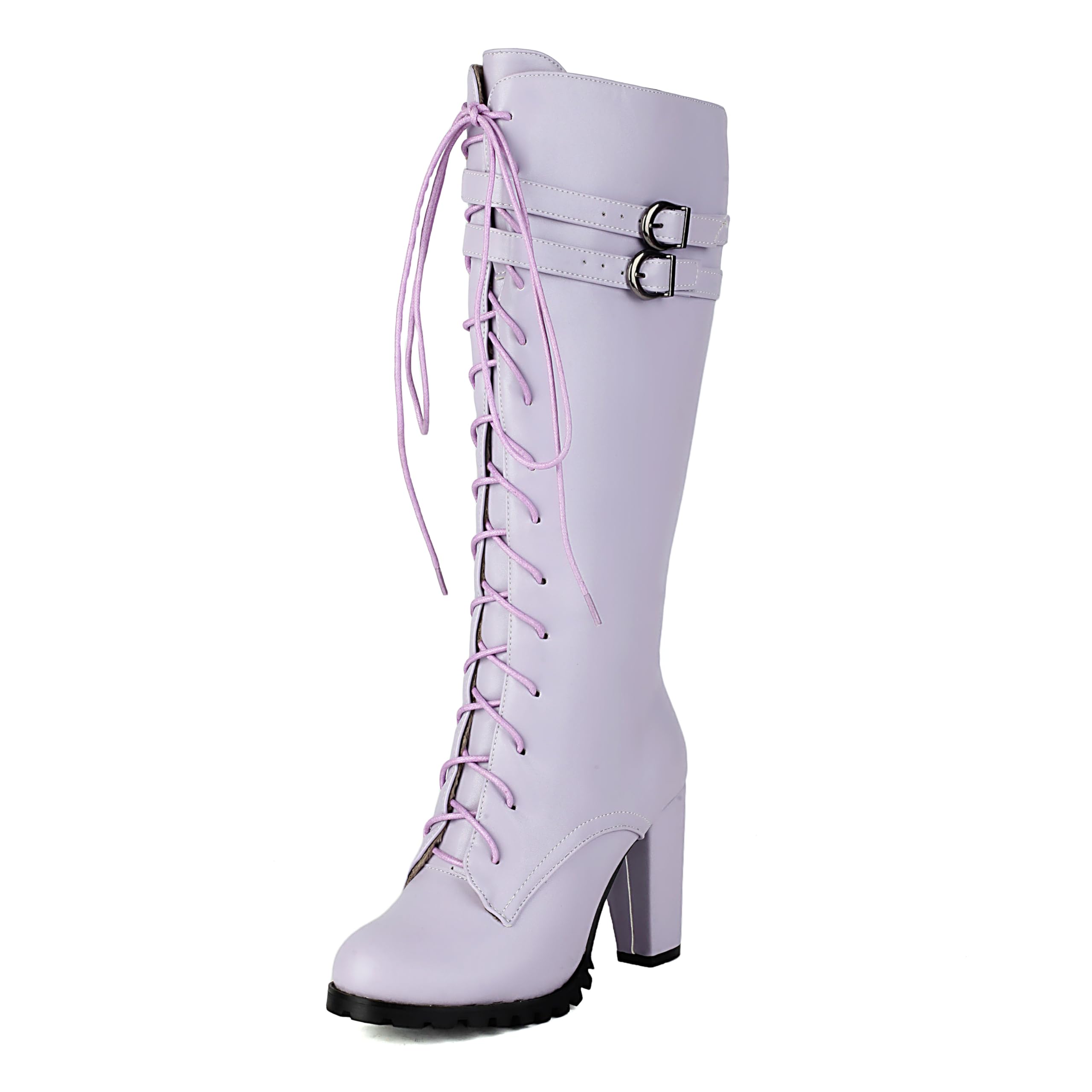 BEAUPAS Womens Knee High Combat Boots Lace-Up Chunky Block Heel Double Buckle Tall Boots