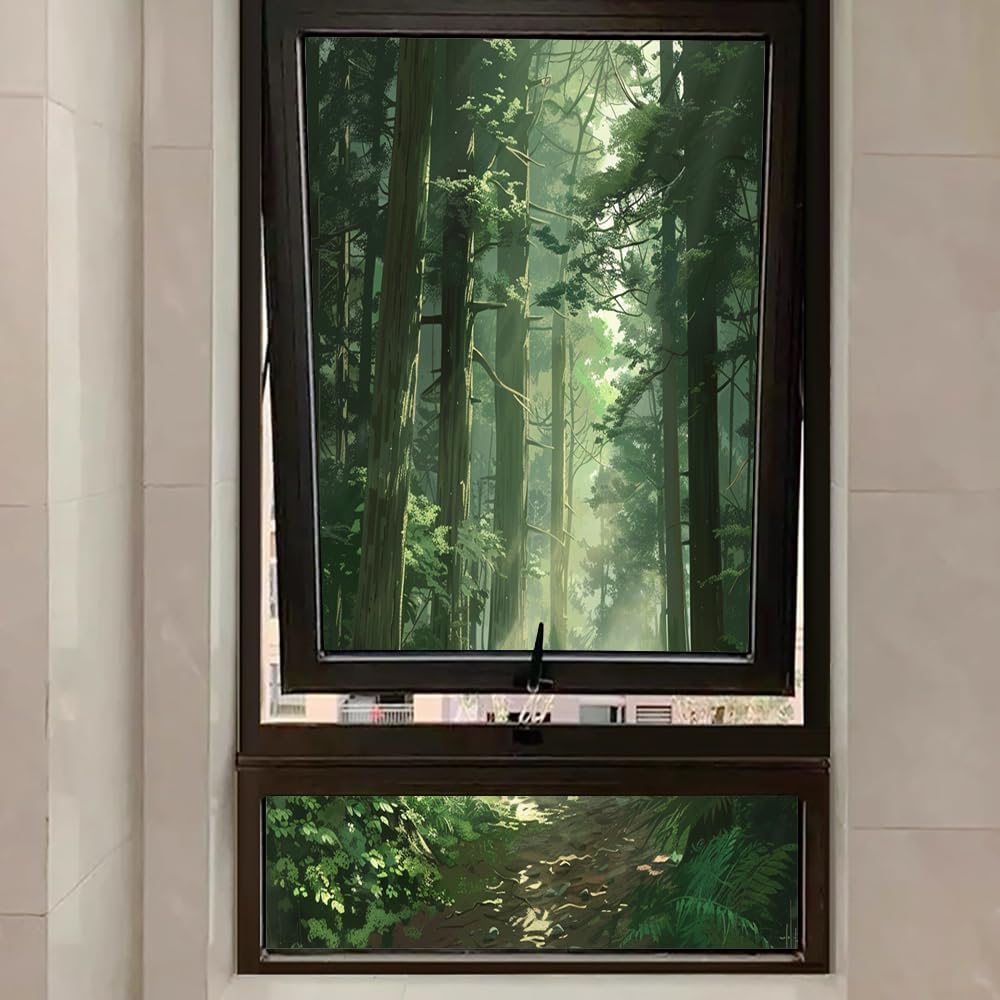 Watercolor Forest Window Privacy Film, Abstract Tree Sunlight Landscape Frosted Self-Adhesive Vinyl Cling for Glass Doors Bathroom Windows Sun Blocking Heat Reducing, 17.7Wx23.6L inch