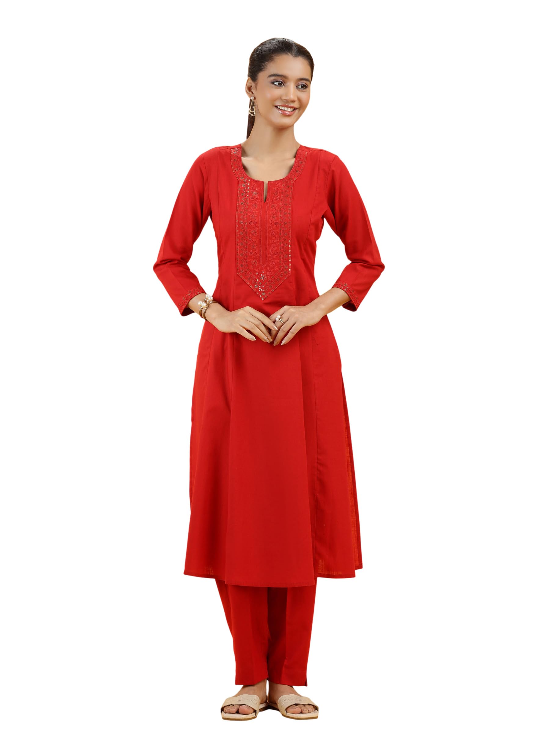 cotton culture Elegant Red Embroidered Straight Pure Cotton Co-Ord Set-L-picture-28
