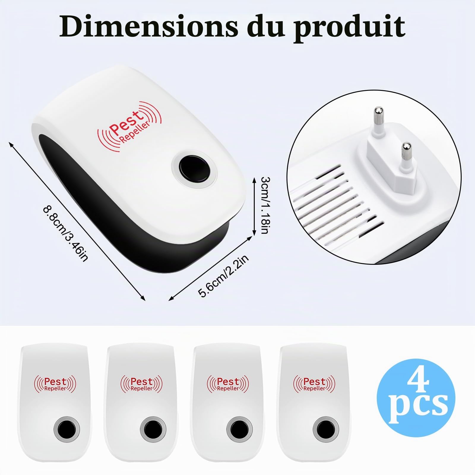 Répulsif Ultrason Anti-Rongeurs Insectes, 4 Pack Ultrason Anti Moustique, Répulsif Électronique Insectes, Rats, Araignées, Moustiques, Fourmis, Cafards